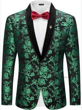 Men's Velvet Floral Blazer, Shawl Lapel Tuxedo Jacket, One Button Suit Coat